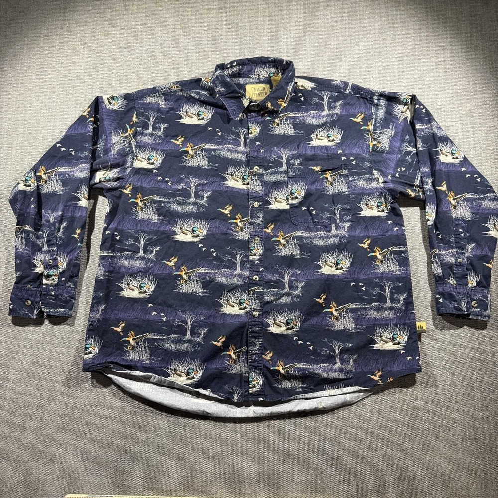 Outdoor Life Shirt Mens XL Blue Duck Graphic Print Long Sleeve Button Up Hunting